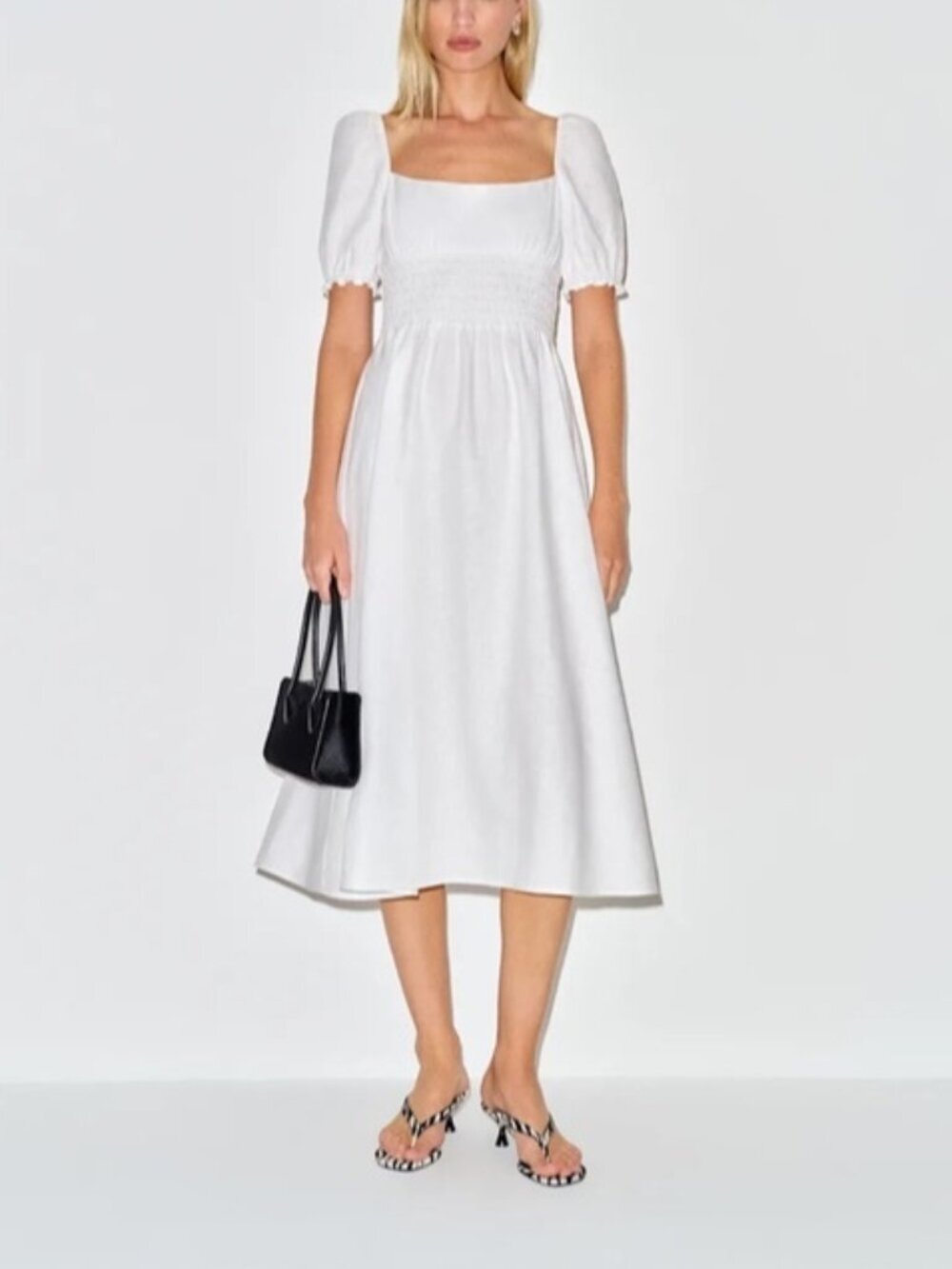NEW Reformation Adler Linen Midi Smocked Puff Sleeve Dress White | US 2 UK 6 - Picture 2 of 12